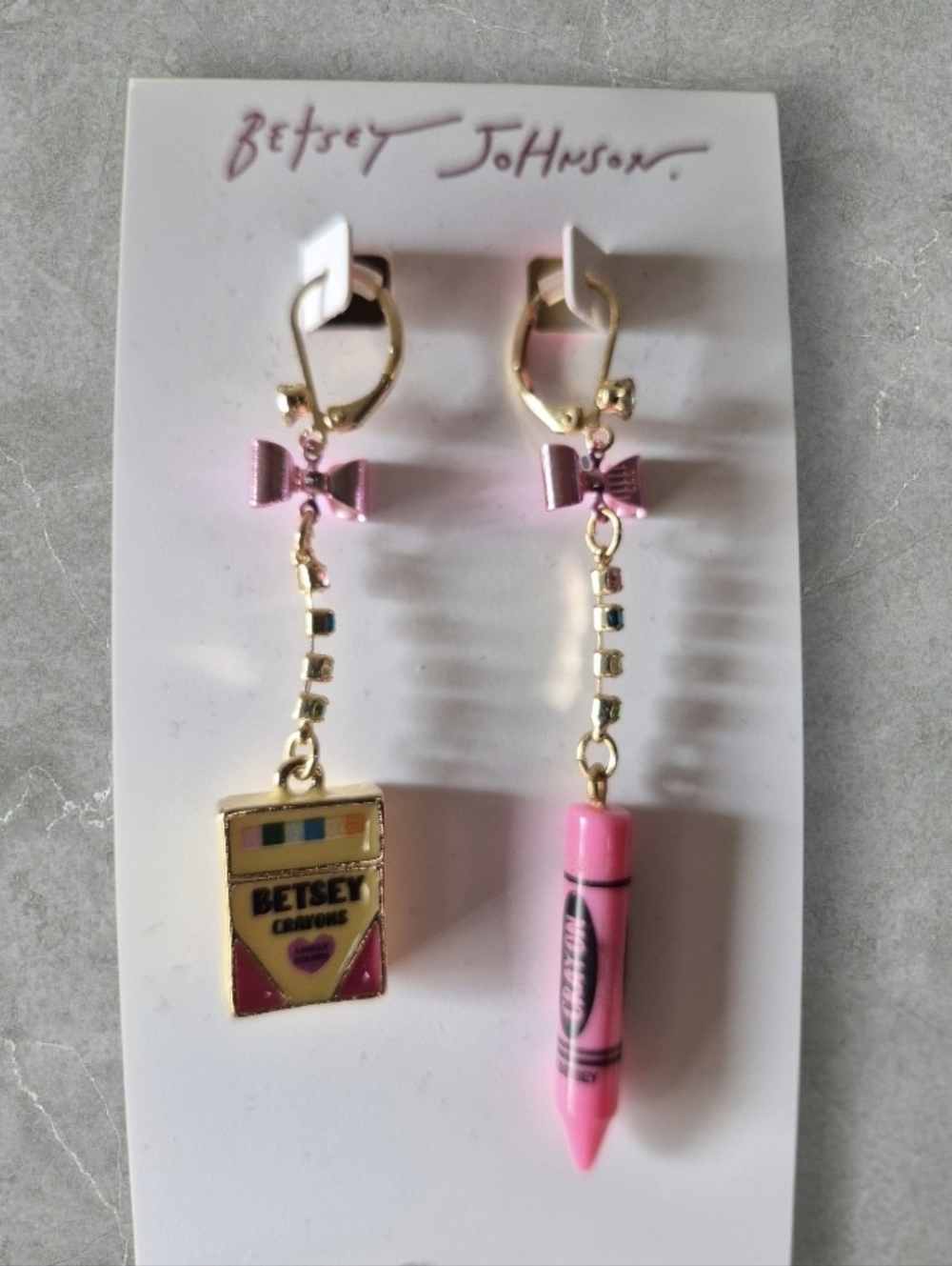 Betsey Johnson Back to School Mismatch Drop Earrings "Betsey Crayons" box - Picture 3 of 4
